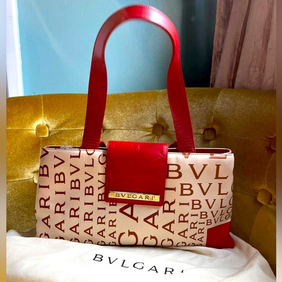 BVLGARI Handbags - Bulgari Beige and Red Logo Shoulder Bag